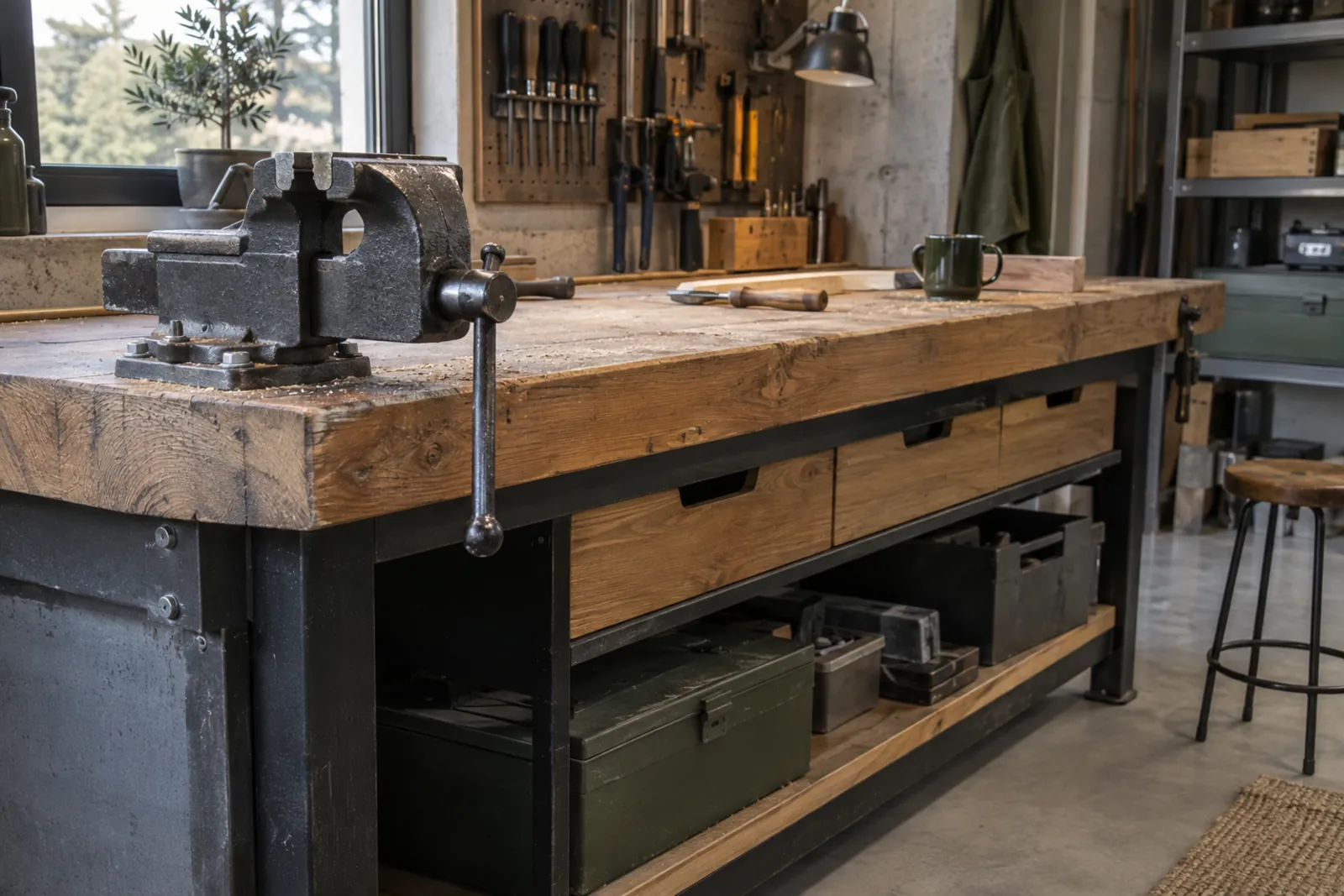 Kraftig arbetsbänk i garage med tjock träskiva, skruvstäd fastbultat vid kortsidan och lådor och hyllplan under