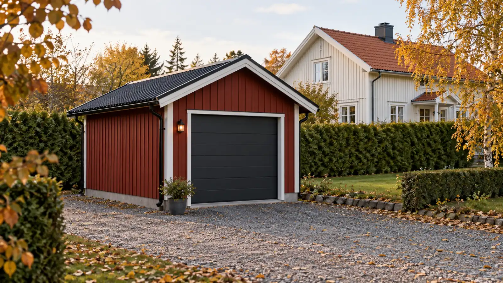 Litet fristående faluröd garagebyggnad med en mörk port på en svensk villatomt, med bostadshuset bakom och häck intill