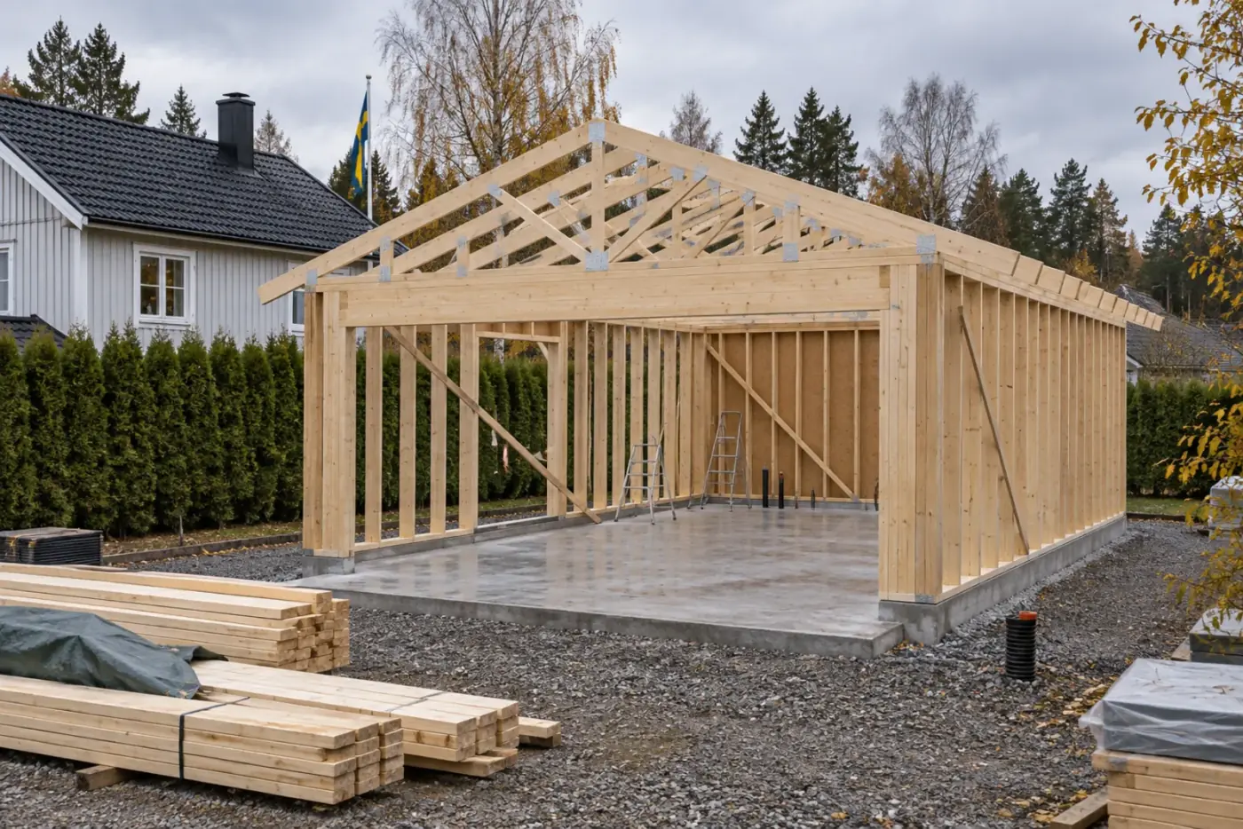 Nybyggt garage under uppförande med gjuten betongplatta, regelstomme i furu och takstolar på plats intill en villa