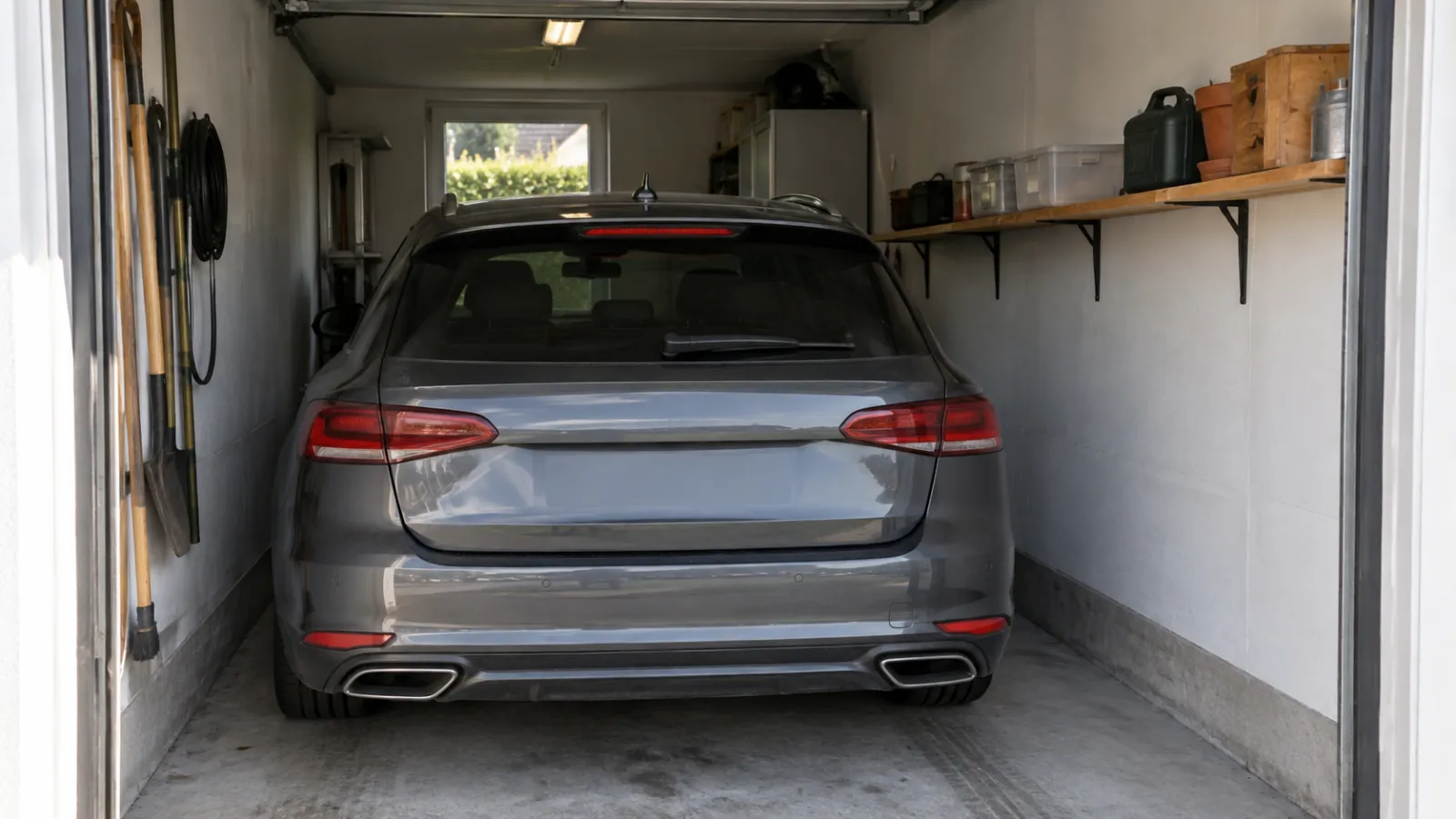 Kompakt enkelgarage inifrån med en bil parkerad och en smal hylla längs väggen