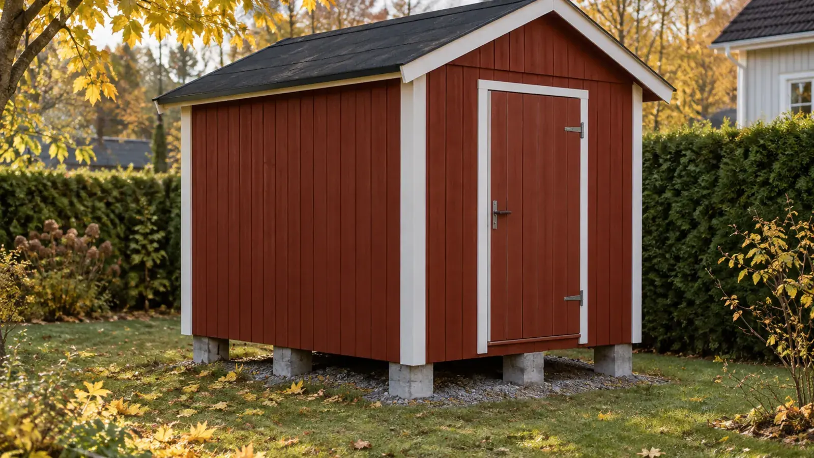 Litet falurött träförråd med vita knutar och svart papptak, stående på betongplintar med luftspalt under golvet