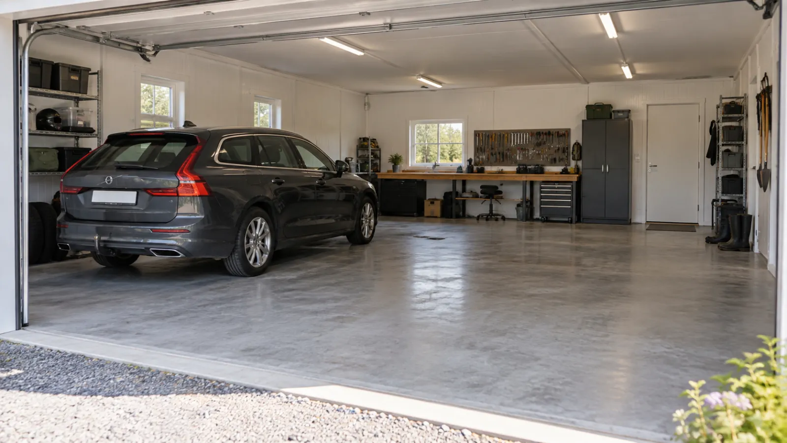 Rymligt garage inifrån med en bil på ena sidan, fritt golv bredvid och arbetsbänk längs bortre väggen