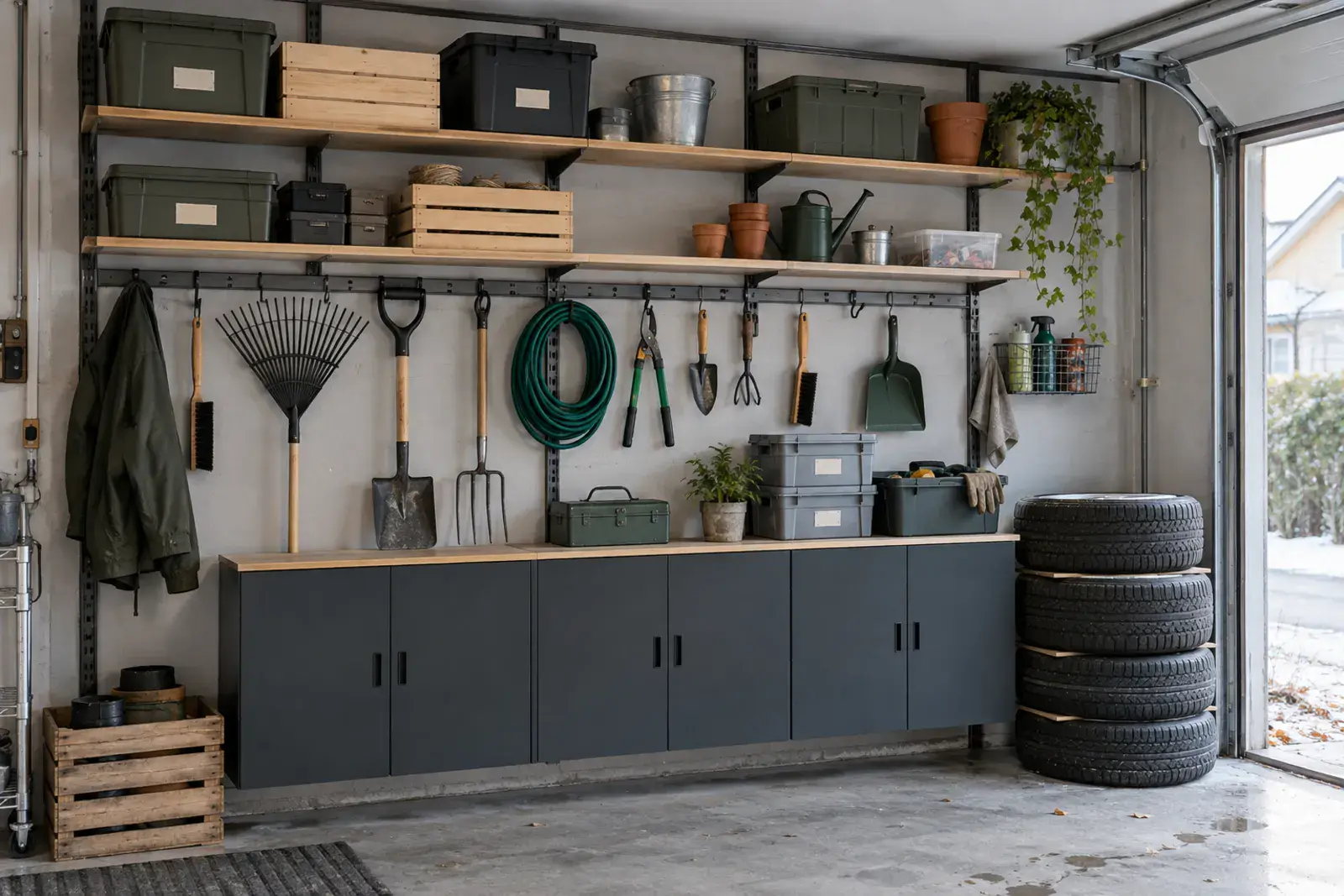 Väggsystem i ett garage med skenor, hyllor, redskap på krokar, skåp och en stapel däck
