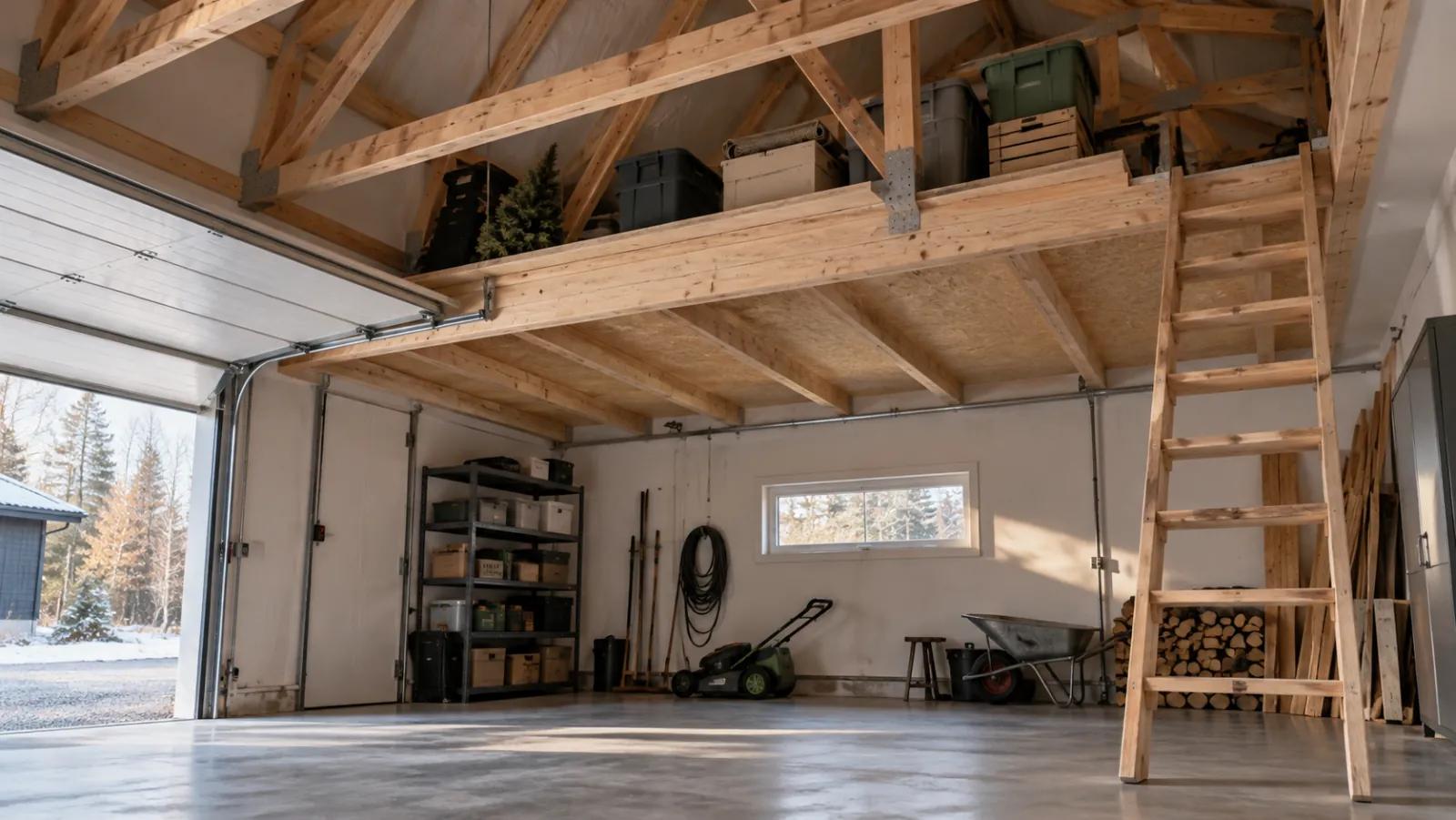 Garage inifrån med loftplan byggt på takstolarna, förvaringslådor däruppe och en trästege upp till loftet