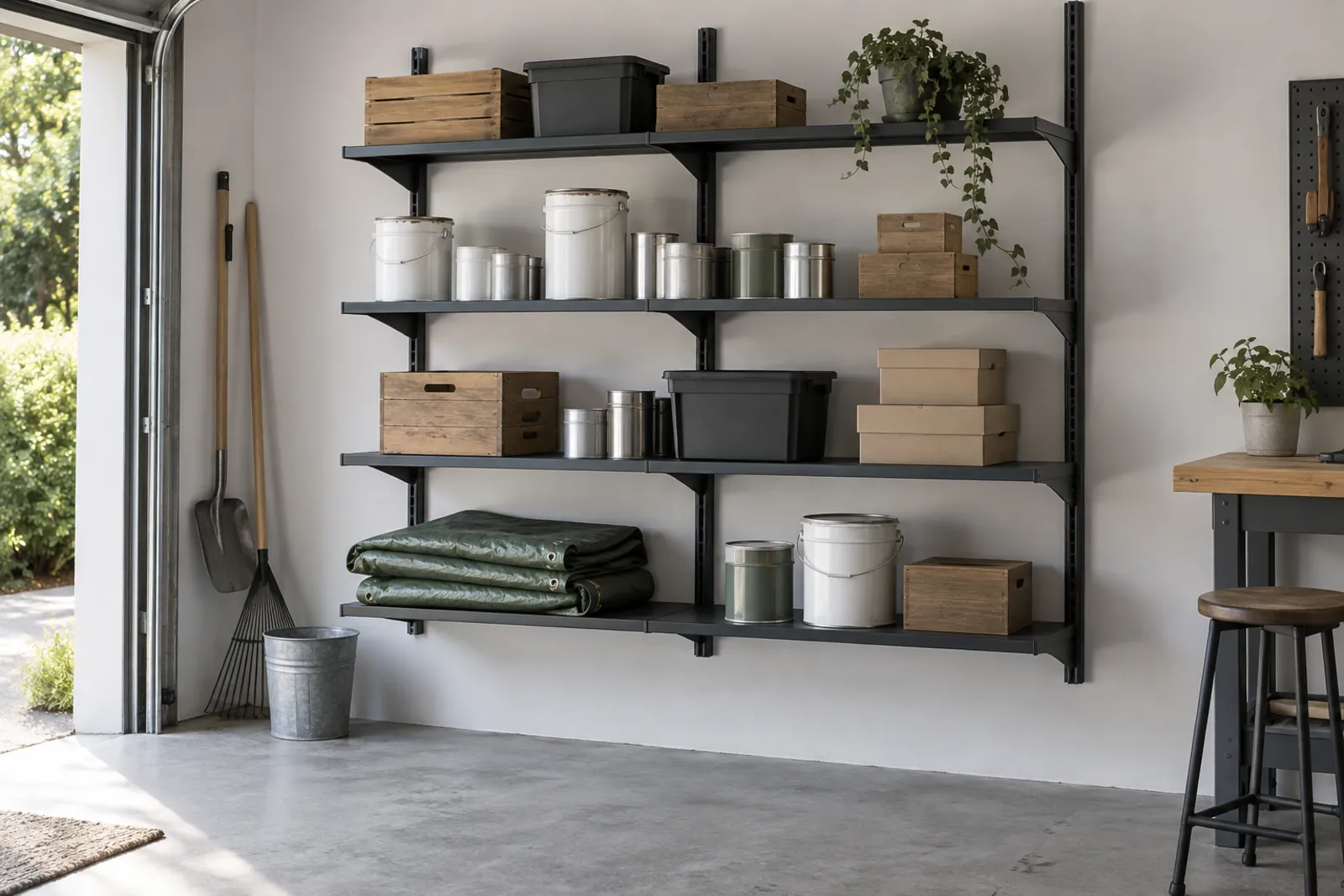 Väggmonterad stålhylla i ett garage med fyra hyllplan, färgburkar, lådor och en hopvikt presenning, med fritt betonggolv under