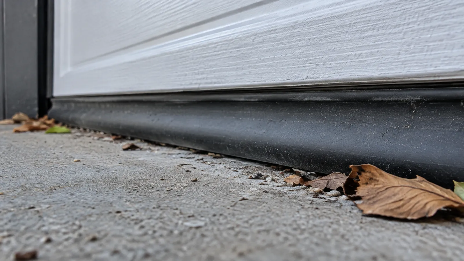 Närbild av garageportens svarta gummitätningslist där den möter betonggolvet, med torra löv och grus vid kanten