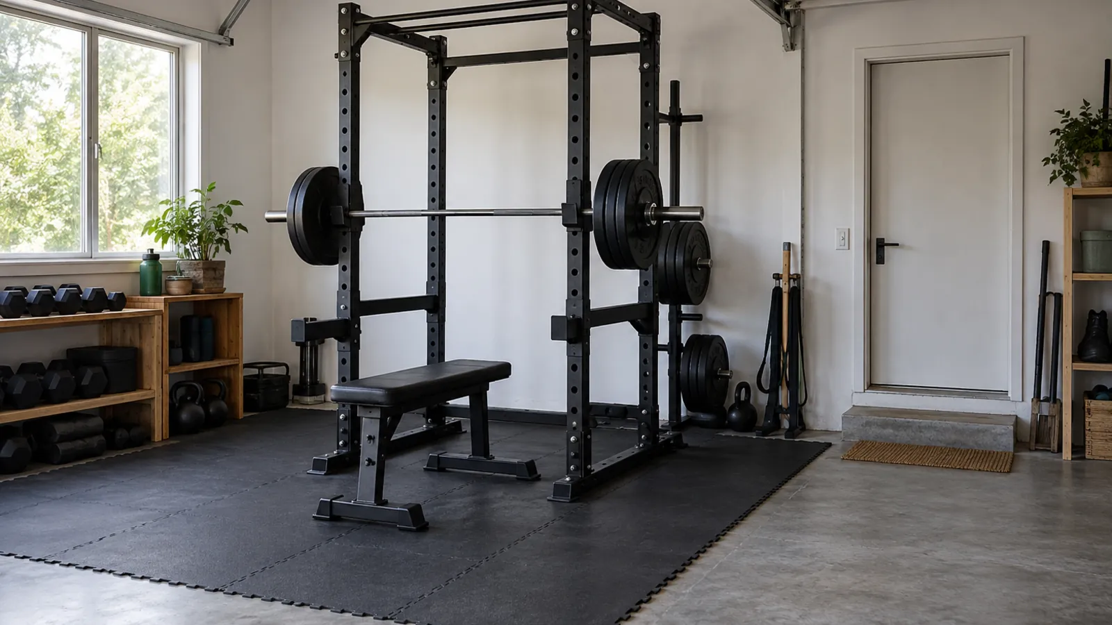 Hemmagym i garage med svart power rack på svarta gummiplattor, skivstång i rackets krokar och en bänk bredvid