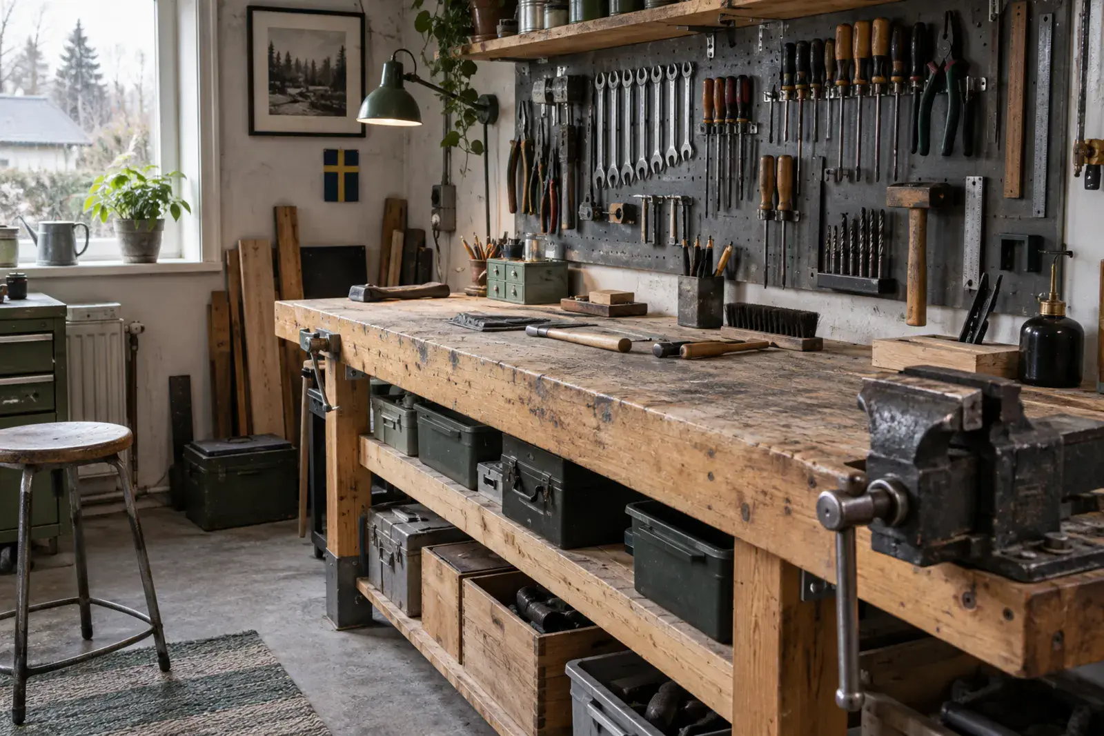 Arbetsbänk i massivt trä med skruvstäd och handverktyg upphängda på en verktygstavla i ett garage