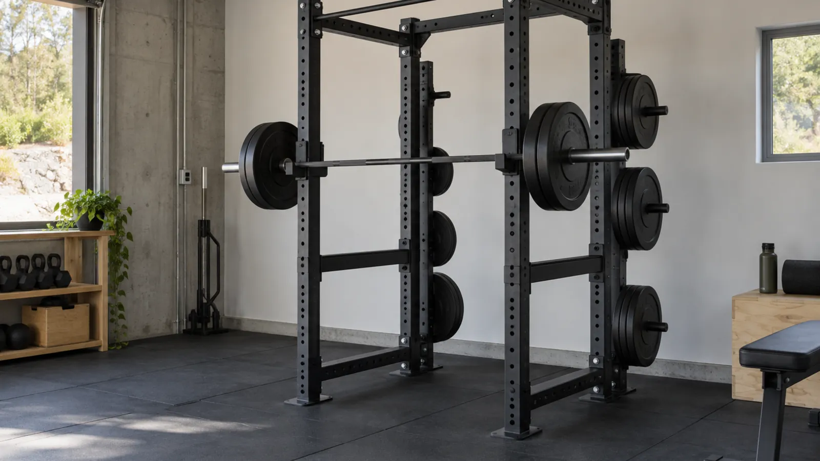 Fyrstolpigt power rack i ett garage med säkerhetsarmar, skivstång i krokarna och viktskivor på rackets bakre pinnar