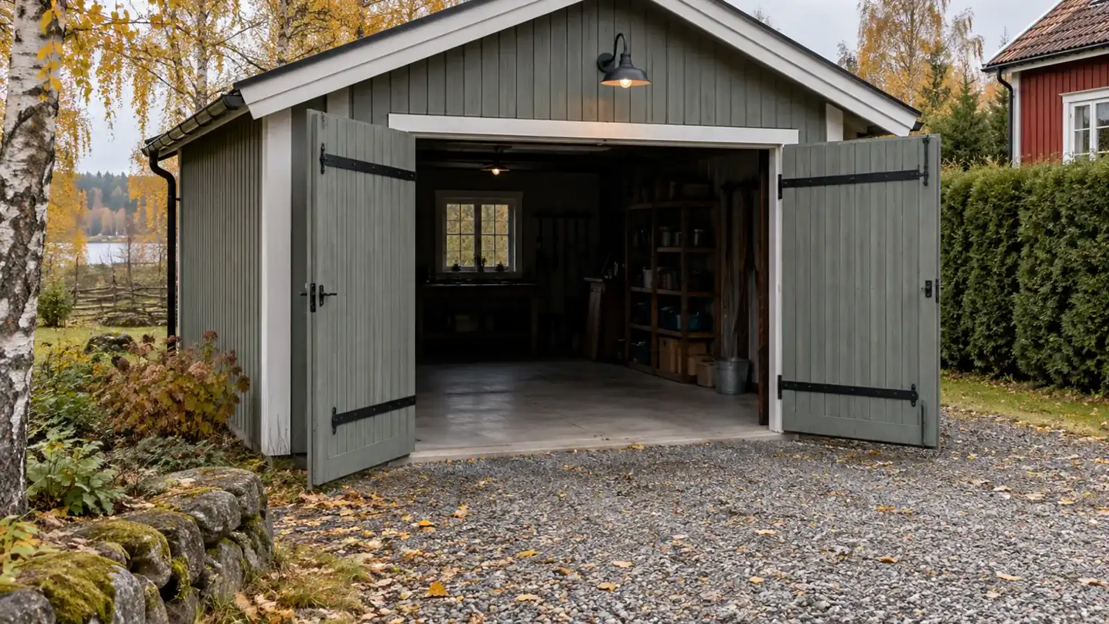 Garage med gråmålade slagportar i trä uppställda utåt på svarta bandgångjärn, grusplan framför och höstlöv