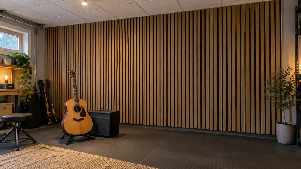 Akustikpaneler med eklameller på filt monterade på en vägg i ett ombyggt garage, med en akustisk gitarr och en förstärkare framför