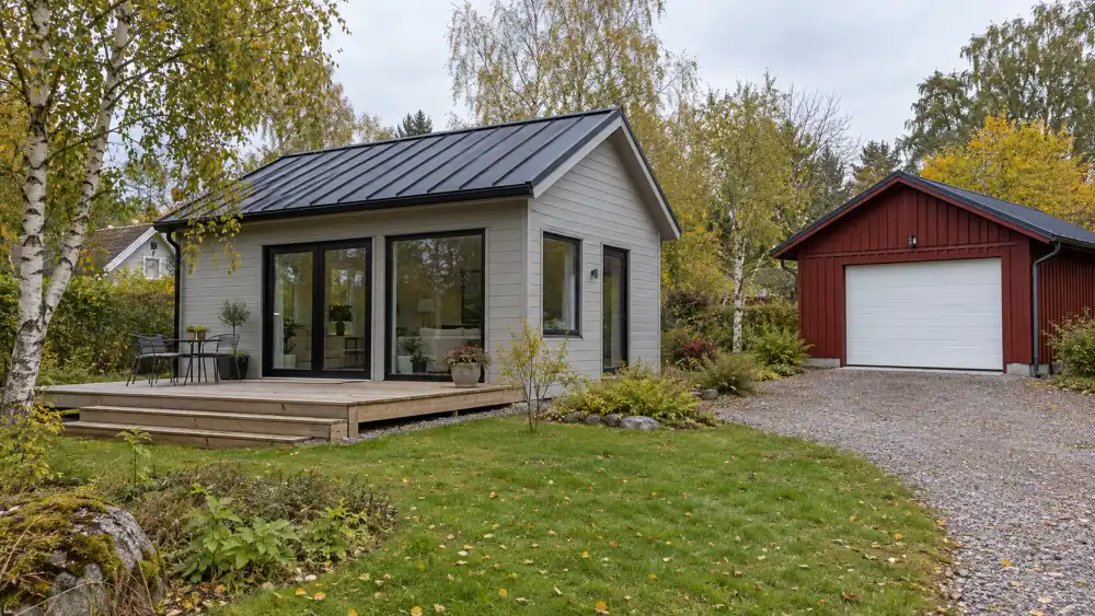 Litet grått gästhus med svart tak och trädäck i en villaträdgård, några meter från ett rött garage med vit port och grusuppfart