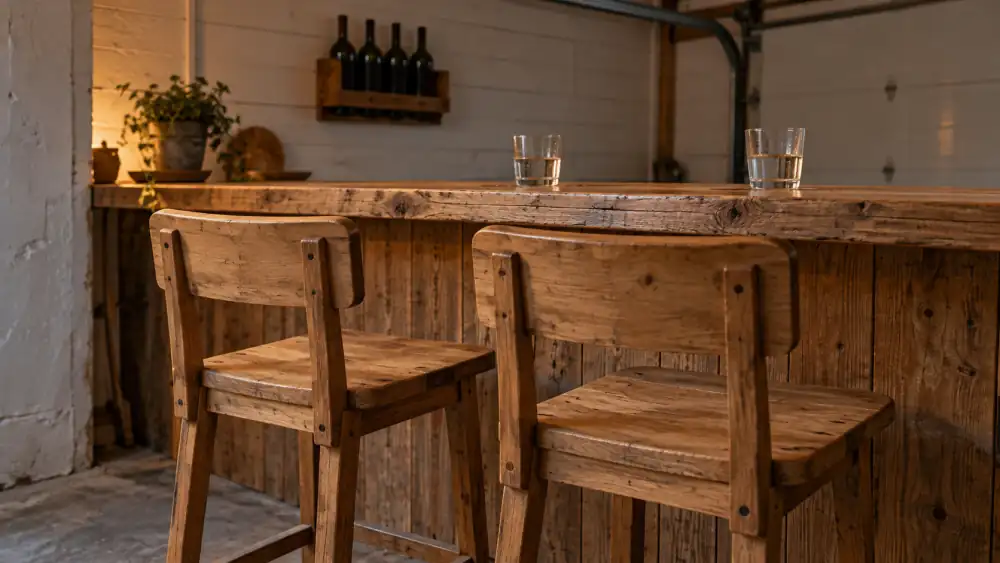 Två barstolar i trä med ryggstöd vid en hemmabyggd bardisk i trä, glas på disken och ett vinställ på väggen bakom