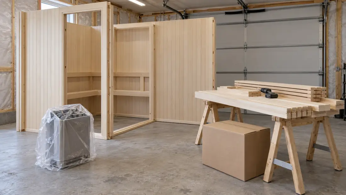 Bastu byggsats under montering i ett isolerat garage med väggelement i ljus panel, lavvirke på bockar och ett inplastat elaggregat på betonggolvet