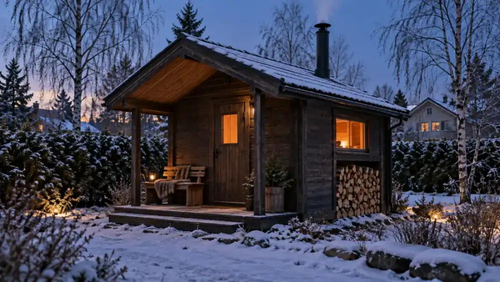 Liten fristående bastustuga i mörkbetsat trä med skorsten, veranda och vedstapel på en villatomt med tunt snötäcke