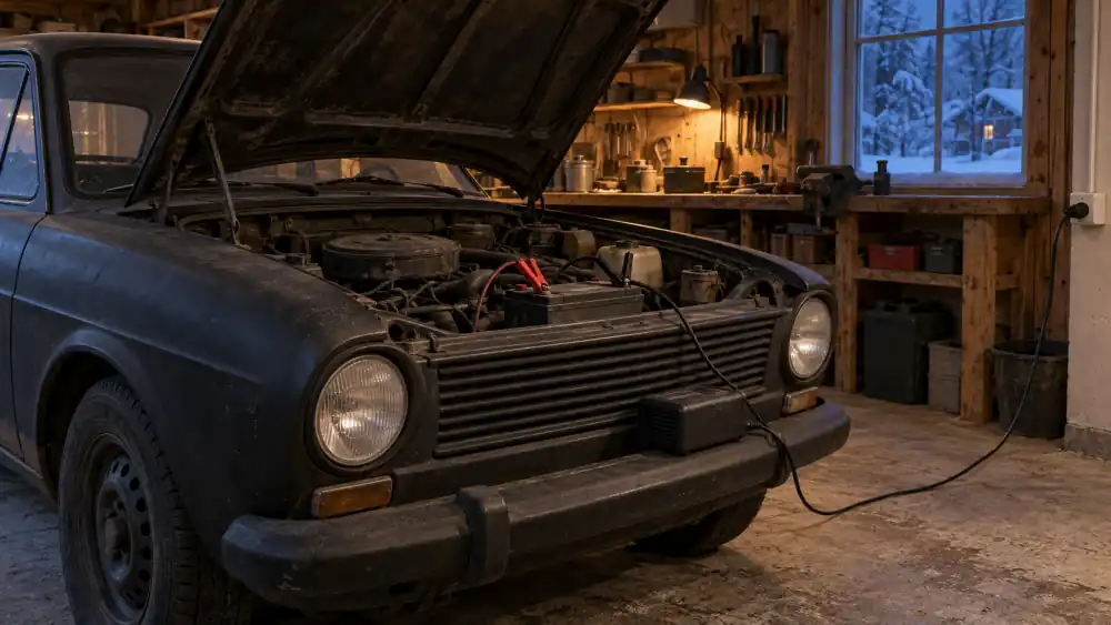 Smart batteriladdare upphängd på väggen i ett villagarage med kablar till en bil med öppen motorhuv
