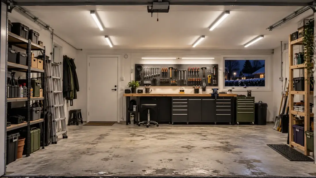 Isolerat garage med långa LED-armaturer i taket som ger jämnt ljus över arbetsbänk och betonggolv en vinterkväll