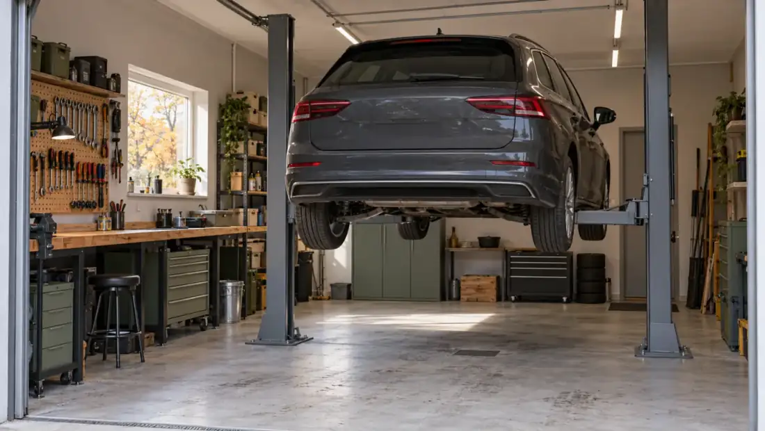 Tvåpelarlyft i ett ljust villagarage med en upplyft personbil, grått betonggolv och arbetsbänk längs väggen