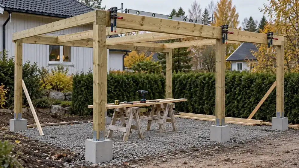 Carport under byggnation med tryckimpregnerade stolpar på betongplintar och bärlinor som fästs ovanpå