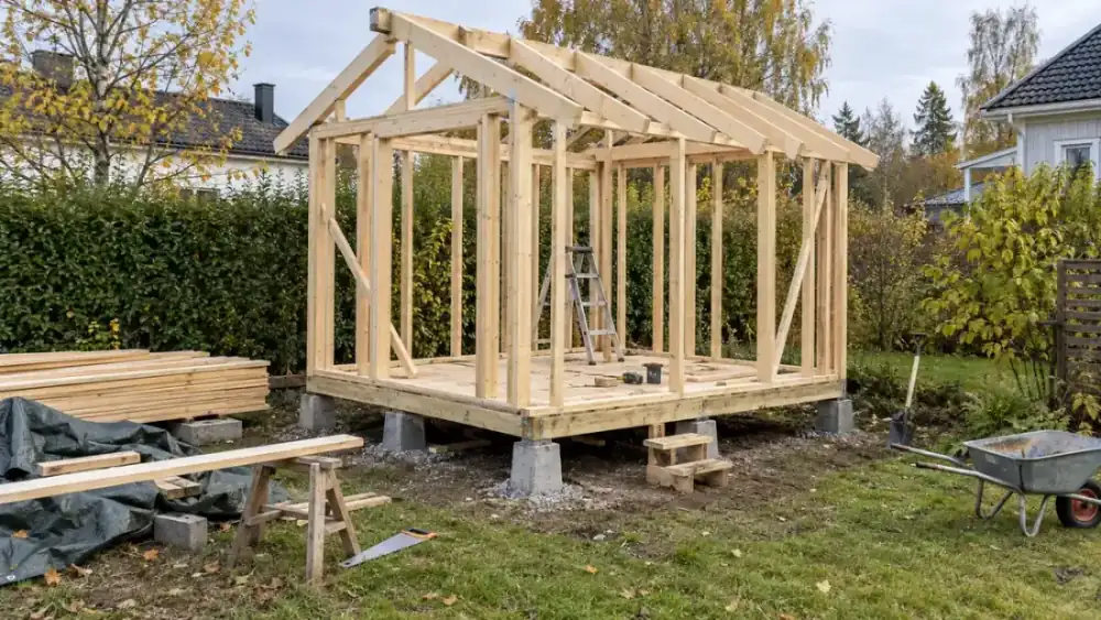 Förråd under byggnation med golvbjälklag på betongplintar, resta väggreglar och delvis monterade takbalkar