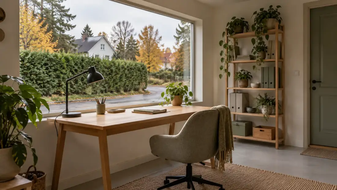 Ombyggt villagarage med skrivbord vid ett nytt fönster där porten satt, ljusa väggar och en hylla längs kortsidan