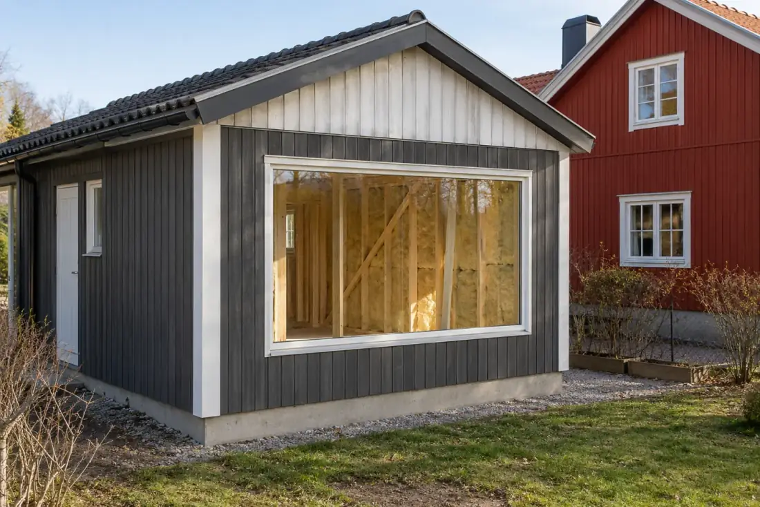 Grå garagebyggnad där den gamla portöppningen har byggts igen med en isolerad vägg och ett stort fönster, bredvid en röd villa