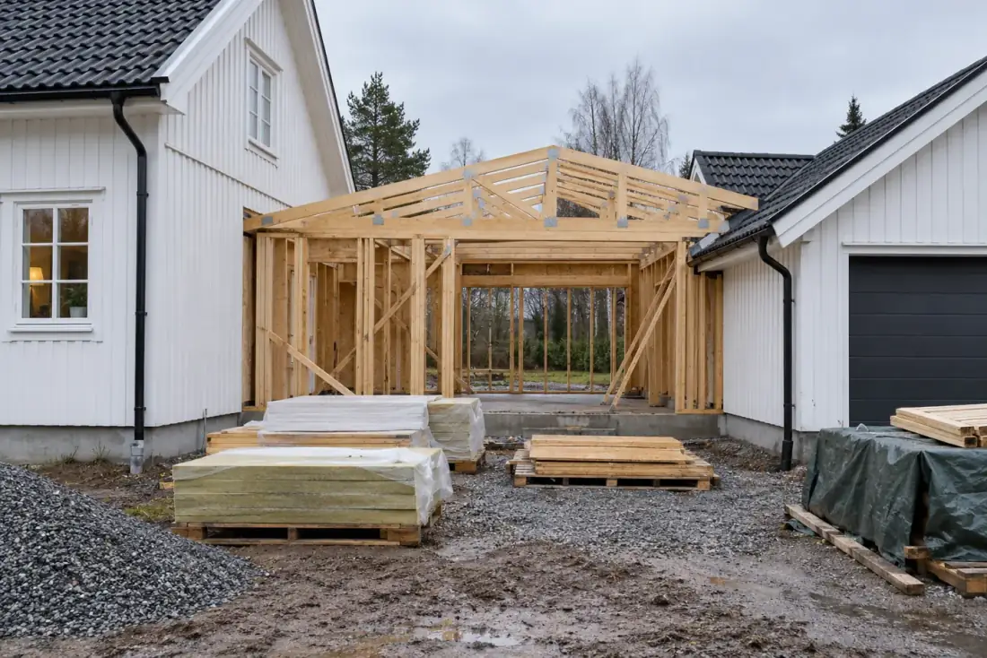 Ny regelstomme och takstolar mellan ett vitt hus och dess garage, med byggmaterial på pallar framför