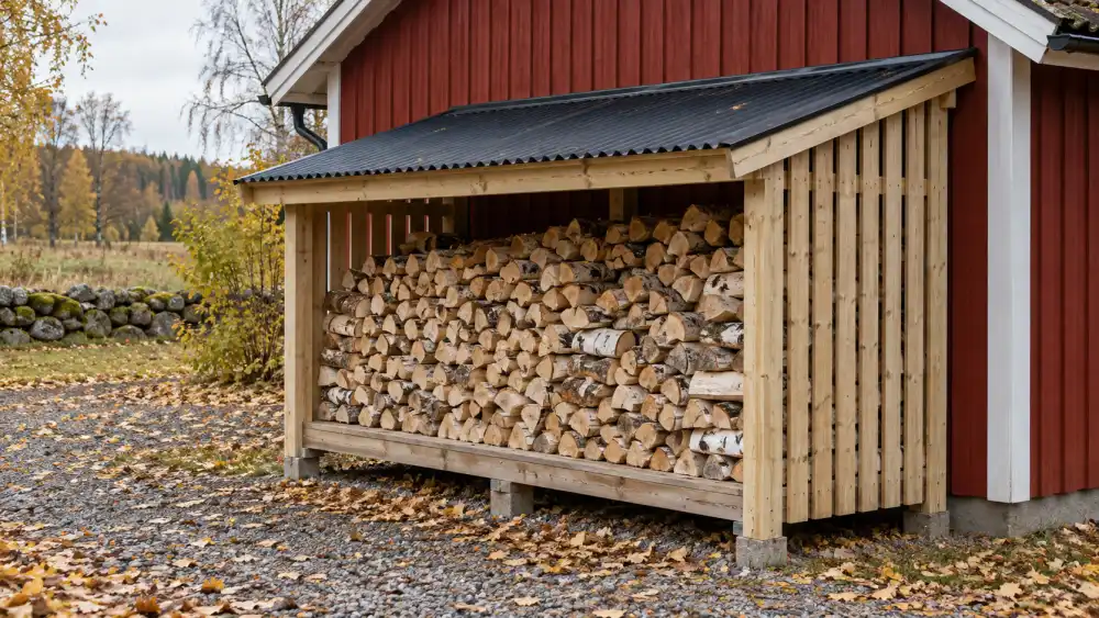 Nybyggt vedskjul i trä med pulpettak av svart plåt mot gaveln på ett rött garage, fullt med staplad björkved på upphöjt golv