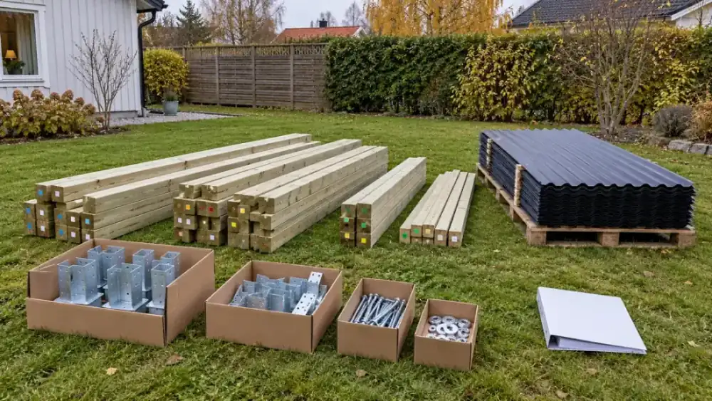Delar till en carportbyggsats på gräsmattan med numrerat virke, galvaniserade beslag och takplåt på pall