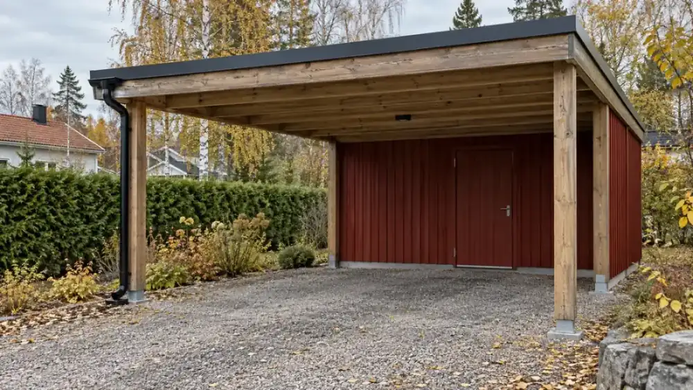 Carport i trä med ett inbyggt förråd i bortre änden, falurött förråd med låsbar dörr och öppen bilplats framför