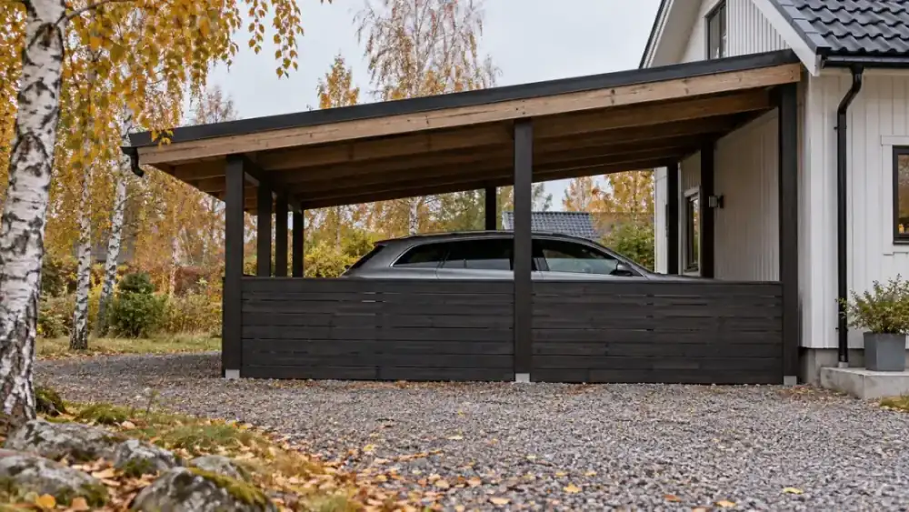 Öppen carport i trä med pulpettak bredvid en villa och en parkerad kombi under taket