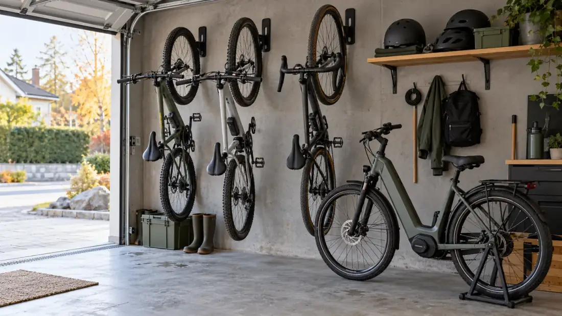 Cyklar som hänger lodrätt på väggkrokar i ett garage och en elcykel i ett golvställ nedanför