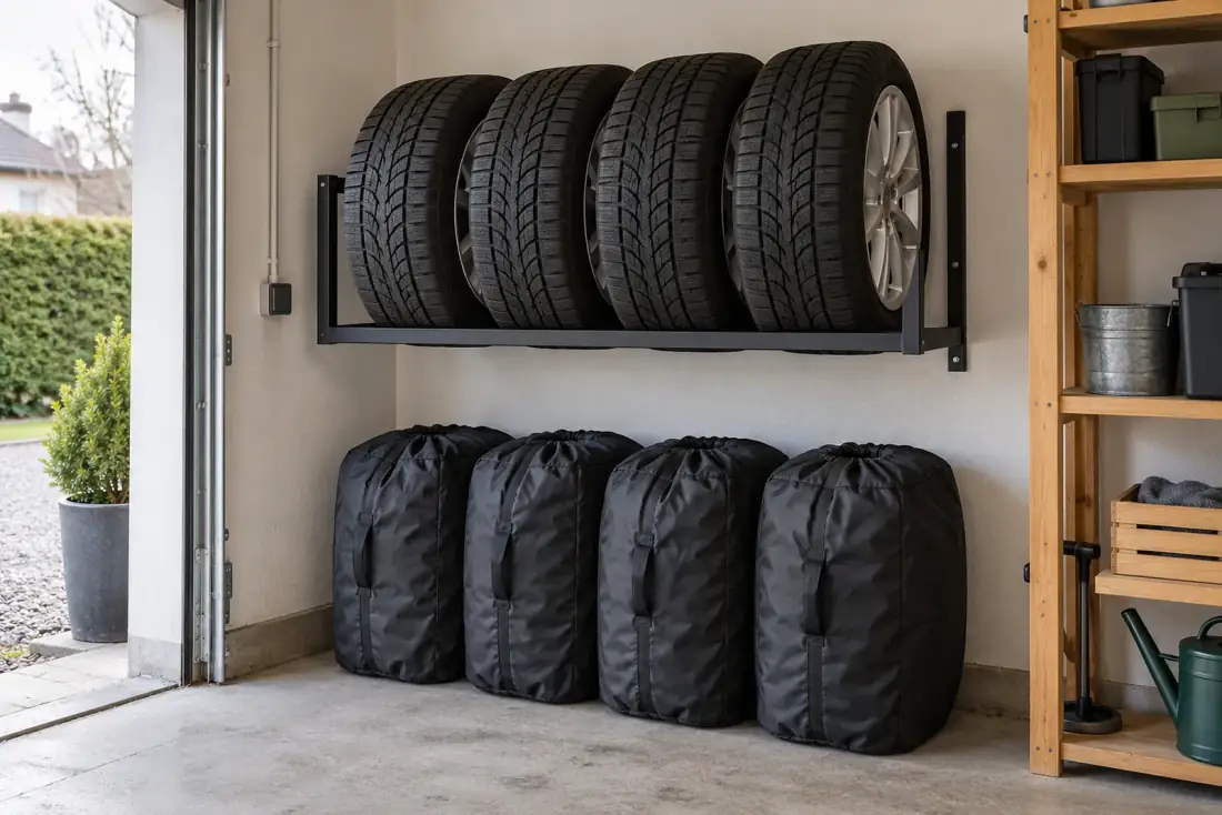 Väggmonterad däckhylla i ett garage med fyra kompletta hjul och ett andra däckset i däckpåsar under