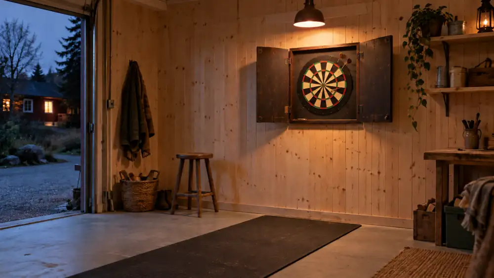 Darttavla i sisal i ett mörkt träskåp med öppna dörrar på en ljus trävägg, pilar i tavlan och en gummimatta på betonggolvet