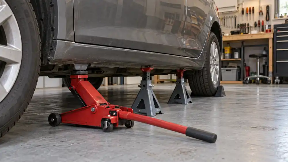 Röd garagedomkraft under en bils tröskel och två pallbockar i stål under bilen på ett grått betonggolv i ett villagarage