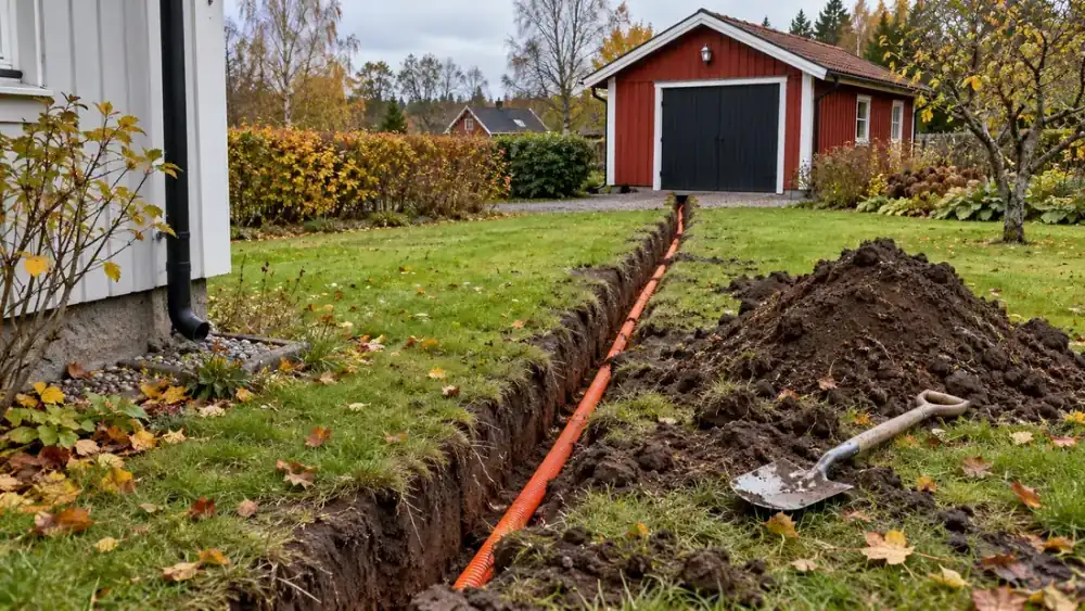 Nygrävt kabelschakt över en villagräsmatta mot ett rött fristående garage, med orange kabelskyddsrör i botten, jordhög och spade