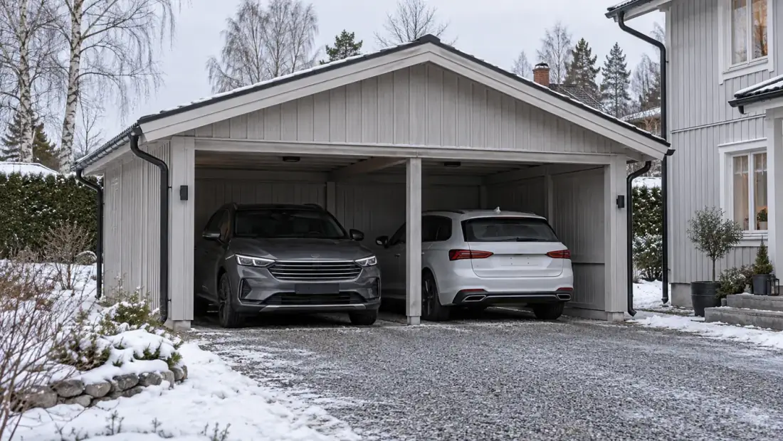 Dubbelcarport med sadeltak och två parkerade bilar sida vid sida bredvid en villa med lite snö runt omkring