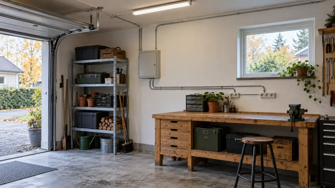 Villagarage med en liten grå gruppcentral på väggen, utanpåliggande elrör till vägguttag ovanför en arbetsbänk och en LED-armatur i taket