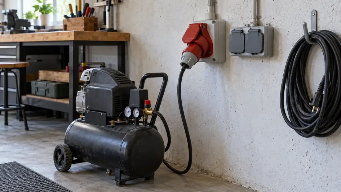 Garagevägg med ett grått dubbelt vägguttag med lock och ett rött 400 V CEE-uttag där en kompressor är inkopplad, kabelvinda på krok