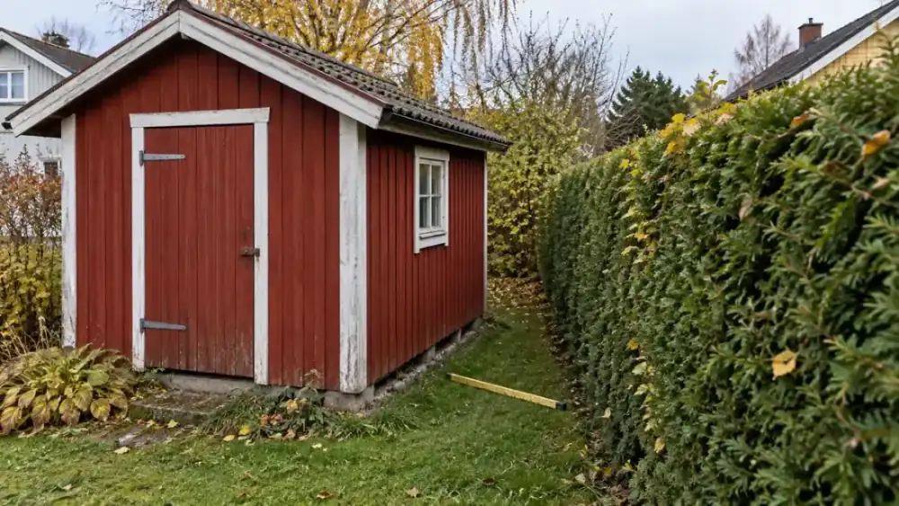Litet falurött förråd nära en häck i tomtgränsen mellan två villaträdgårdar med en tumstock på gräset