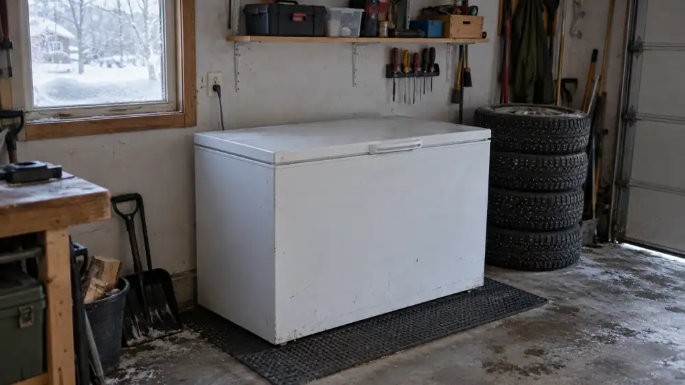 Vit frysbox på en gummimatta i ett kallt garage på vintern, med frost på fönstret, verktygshylla ovanför och vinterdäck staplade bredvid