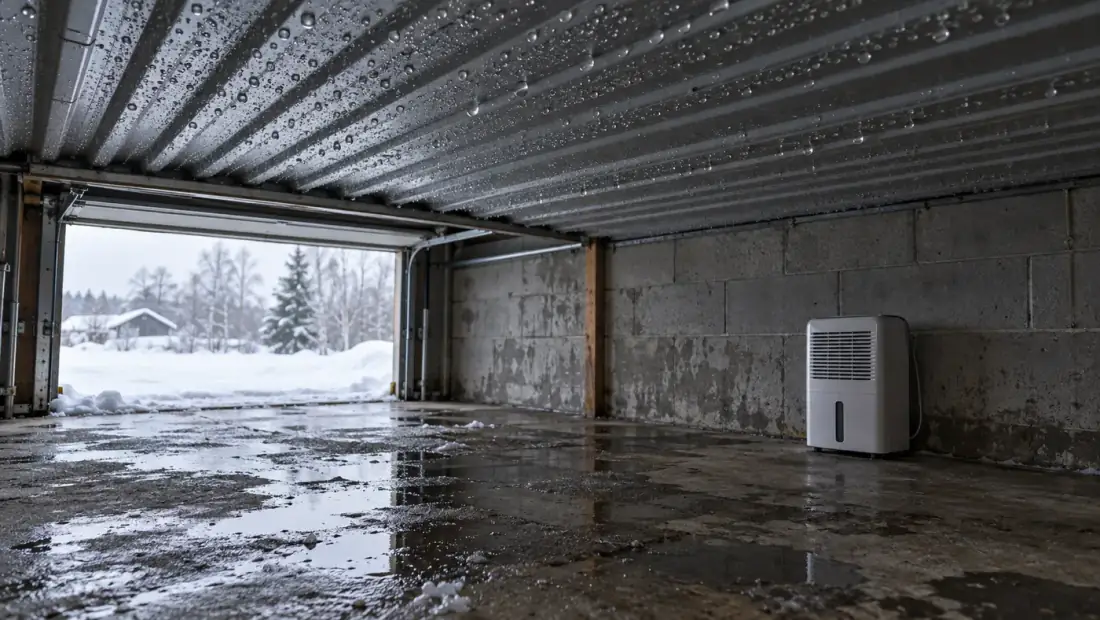 Kondensdroppar under plåttaket i ett kallt garage och våta fläckar av smältvatten på betonggolvet