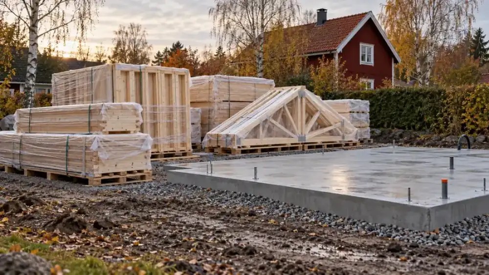 Levererad garagebyggsats med inplastade virkespaket och takstolar på pall bredvid en nygjuten betongplatta