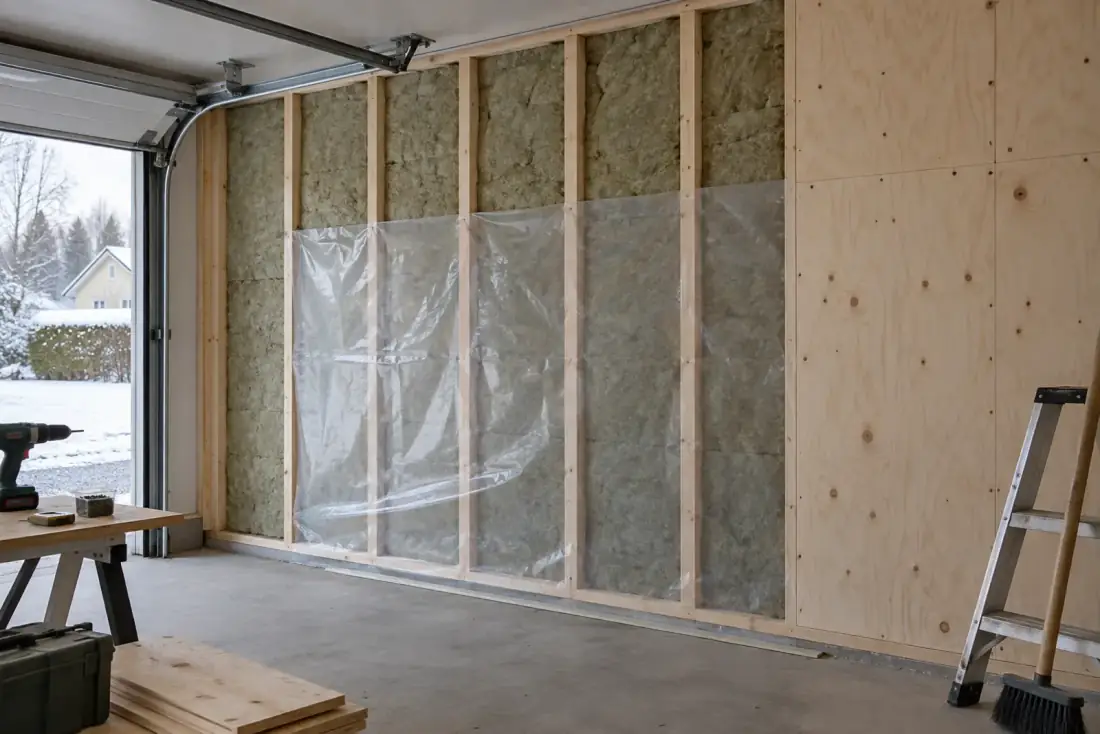 Garagevägg under isolering med regelstomme, mineralull mellan reglarna, plastfolie som ångspärr och plywood monterad längst till höger, snöig villatomt syns genom den öppna porten