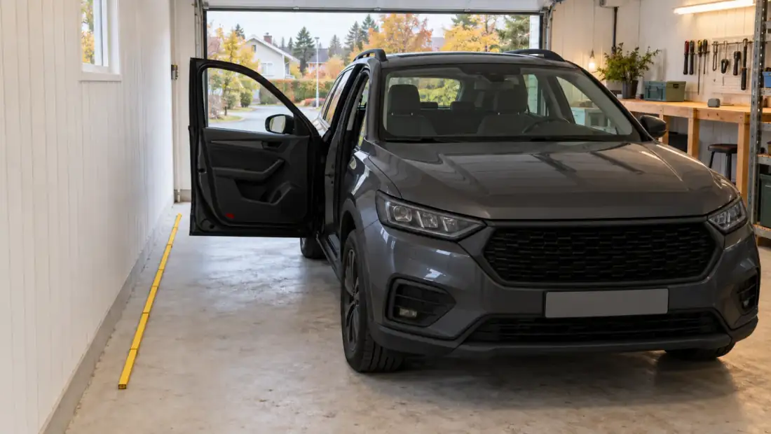 Enkelgarage inifrån med en mörkgrå SUV, öppen förardörr mot väggen och en utfälld tumstock på betonggolvet