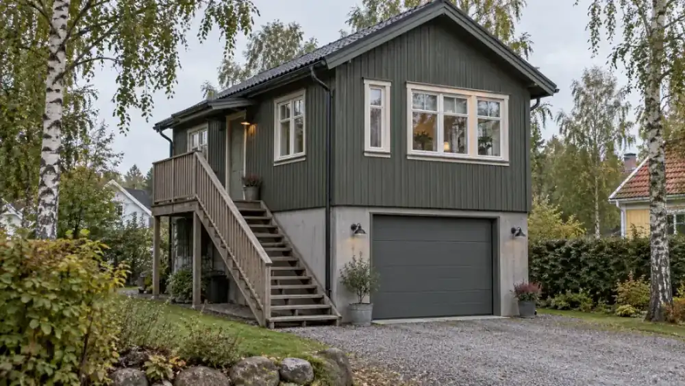 Fristående garage med garageport i bottenplanet och en liten lägenhet med fönster och egen trappa på övervåningen
