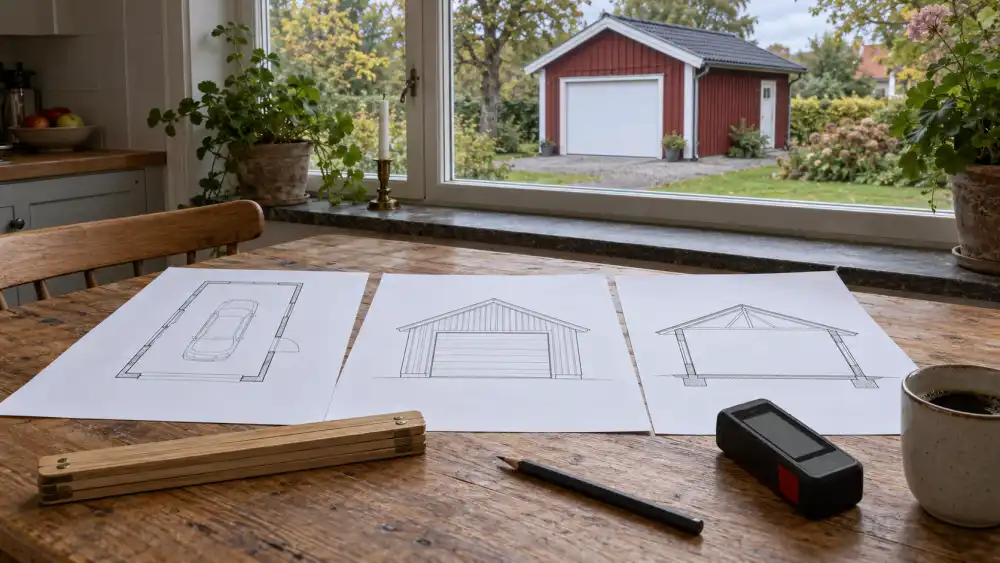 Ritningar av ett garage — planritning, fasad och sektion — utlagda på ett köksbord med tumstock, penna och avståndsmätare, med ett rött garage synligt genom fönstret