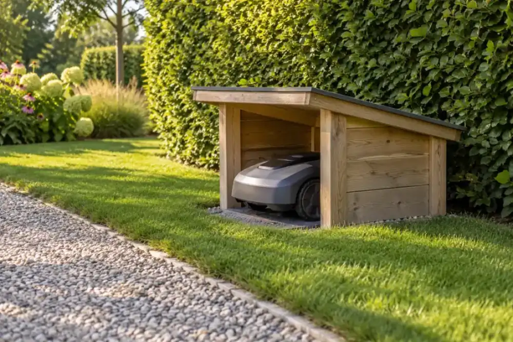 Robotgräsklippare i sin laddstation under ett litet trägarage med snedtak i kanten av en gräsmatta