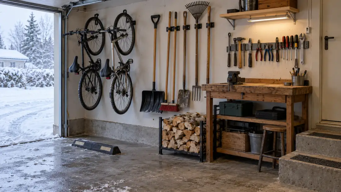 Organiserad garagevägg med cyklar på krokar, trädgårdsredskap i hållare, magnetlist med verktyg och ett vedställ