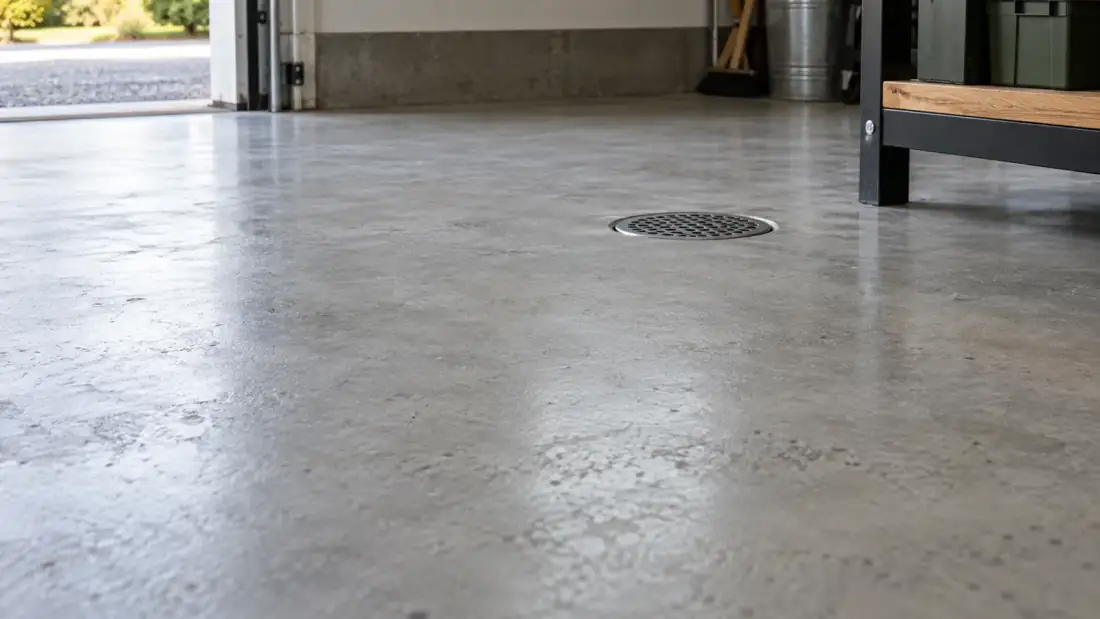 Slät, dammbunden betongplatta i ett villagarage med rund golvbrunn i rostfritt, öppen port och en arbetsbänk i trä och stål vid väggen